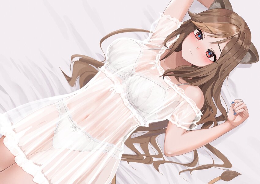 1girl absurdres animal_ear_fluff animal_ears bed_sheet blue_nails blush bow bow_bra bow_panties bra breasts brown_hair closed_mouth covered_navel dress hazumi_aileen highres indie_virtual_youtuber lion_ears lion_girl lion_tail long_hair looking_at_viewer lying nail_polish navel on_back panties ramachiru second-party_source see-through_clothes see-through_dress short_sleeves solo tail underwear virtual_youtuber white_bra white_dress white_panties