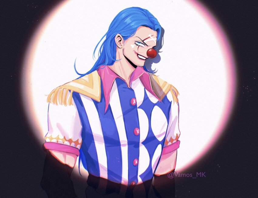 1boy blue_eyes blue_hair buggy_the_clown buttons clown_nose collared_shirt earrings facepaint facial_hair goatee_stubble grin highres jewelry light_particles long_hair looking_at_viewer male_focus one_piece shirt short_sleeves smile solo spotlight stubble twitter_username upper_body vamos_mk