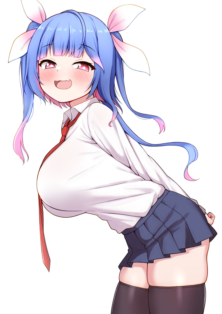 1girl absurdres alternate_costume black_skirt black_thighhighs blue_hair breasts collared_shirt commentary_request dress_shirt fang gradient_hair highres i-19_(kancolle) kantai_collection large_breasts leaning_forward long_hair multicolored_hair necktie pink_hair pleated_skirt red_eyes red_necktie shirt simple_background skin_fang skirt smile solo star-shaped_pupils star_(symbol) symbol-shaped_pupils thighhighs tiemu_(man190) tri_tails twintails white_background white_shirt