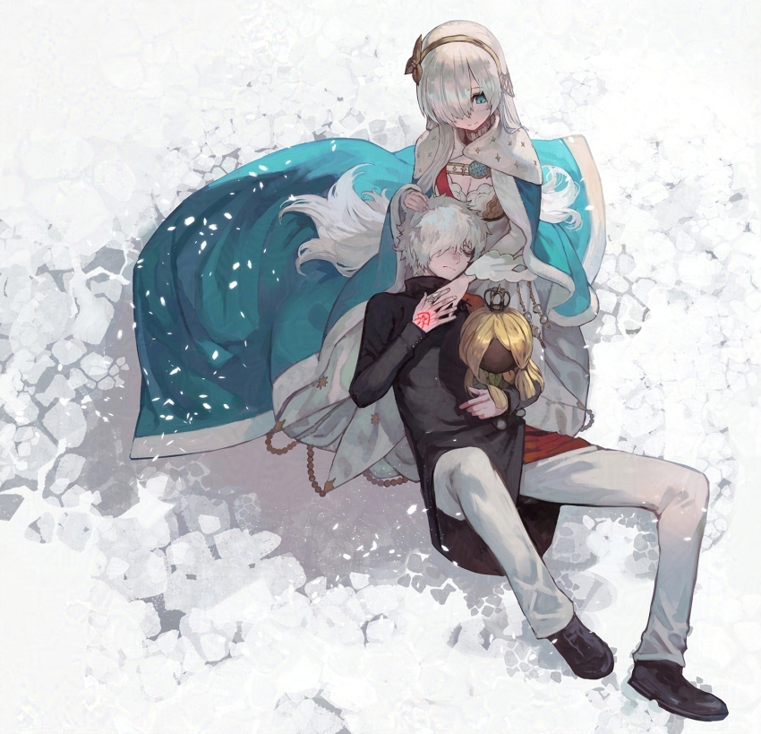 1boy 1girl anastasia_(fate) bags_under_eyes black_shirt black_shoes blue_cloak blue_eyes brown_hairband cloak closed_eyes command_spell crown doll fate/grand_order fate_(series) fur_trim grey_hair hair_over_one_eye hairband highres holding holding_doll holding_hands kadoc_zemlupus lack lap_pillow long_sleeves mini_crown pants royal_robe shirt shoes smile viy_(fate) white_hair white_pants