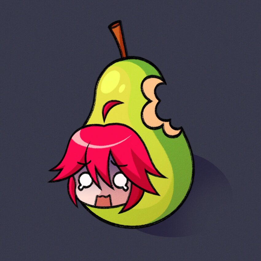 1girl ahoge bitten commentary cryptidhermit detached_ahoge english_commentary food fruit grey_background hair_between_eyes highres kasane_teto open_mouth pear pearto red_hair scared shadow short_hair simple_background solo tears utau