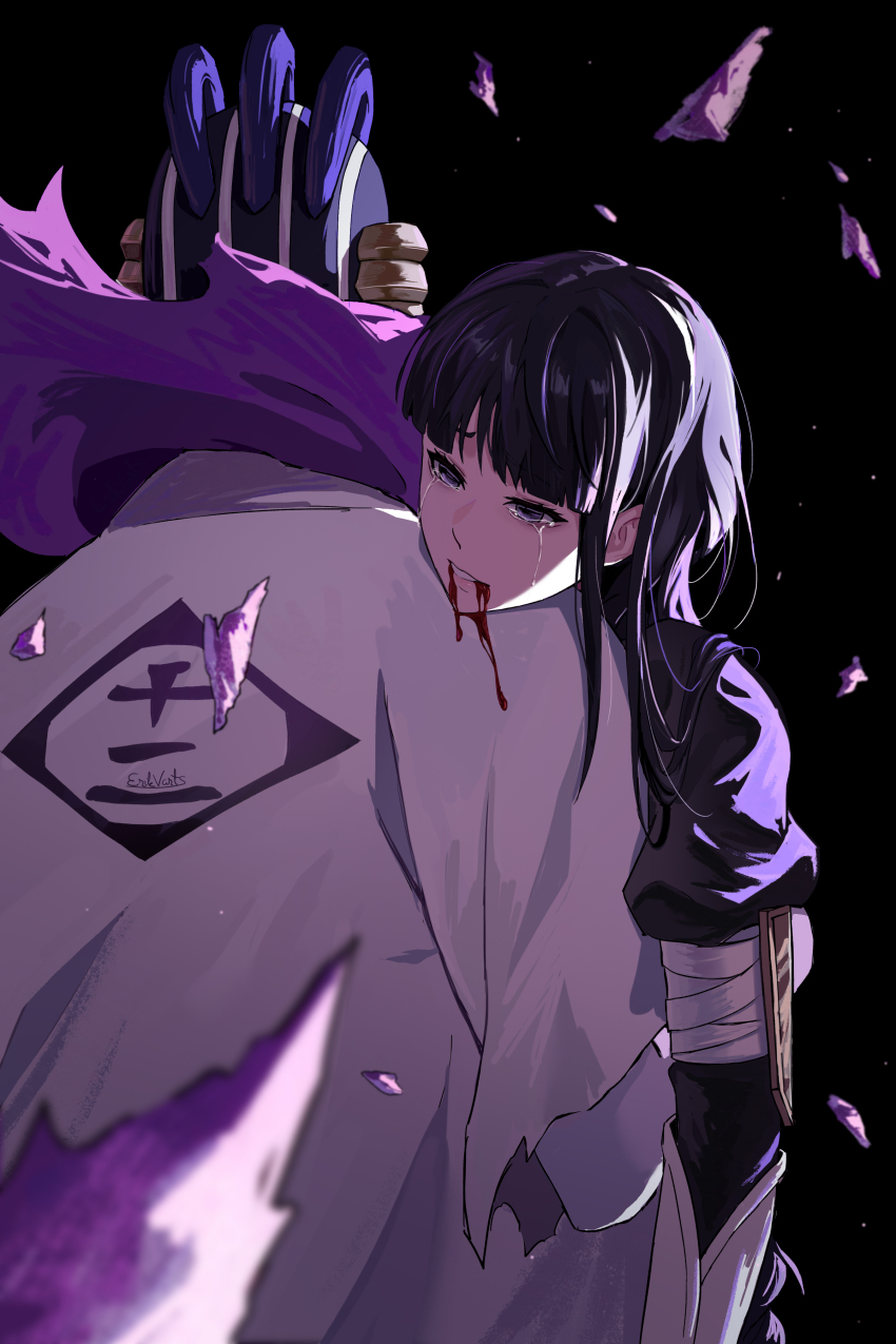 absurdres backlighting badge black_background black_eyes black_hair bleach bleach:_sennen_kessen-hen blood blood_from_mouth blue_hair blunt_bangs commentary crying crying_with_eyes_open death erikvarts eyelashes father_and_daughter from_behind fukutaichou_badge hair_down hair_over_shoulder haori head_on_another&#039;s_shoulder highres japanese_clothes juliet_sleeves kurotsuchi_mayuri kurotsuchi_nemu long_hair long_sleeves makeup parted_lips puffy_sleeves rubble short_hair signature simple_background smile spoilers straight_hair taichou_haori tears