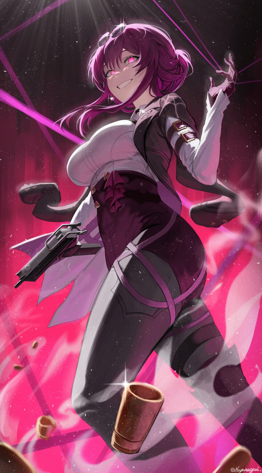 1girl :d absurdres arm_belt artist_name belt black_belt black_jacket black_pantyhose boots breasts collared_shirt commentary cowboy_shot earrings english_commentary evil_grin evil_smile eyewear_on_head from_below glasses gloves grin gun hair_between_eyes hand_up high-waist_shorts highres holding holding_gun holding_weapon honkai:_star_rail honkai_(series) jacket jewelry kafka_(honkai:_star_rail) kyamagwi large_breasts long_hair mac-10/11 multiple_belts open_clothes open_jacket open_mouth pantyhose pantyhose_under_shorts pince-nez purple_eyes purple_gloves purple_hair purple_shorts round_eyewear shell_casing shirt shorts signature single_thigh_boot smile solo spider_web_print standing submachine_gun sunglasses teeth thigh_boots thigh_strap twitter_username weapon white_shirt