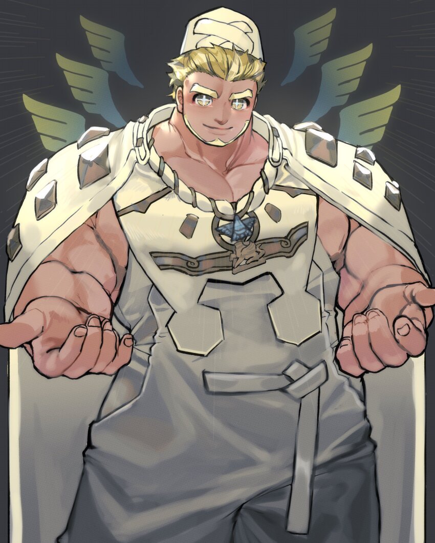 1boy absurdres ahura_mazda_(housamo) bara beard beckoning blonde_facial_hair blonde_hair cape closed_mouth commentary_request cross-shaped_pupils emphasis_lines facial_hair grey_background hat highres looking_at_viewer male_focus multiple_wings muscular muscular_male outstretched_arms overalls shiratori_yokikana short_hair smile solo studded symbol-shaped_pupils thick_eyebrows tokyo_houkago_summoners upper_body white_cape wings yellow_eyes
