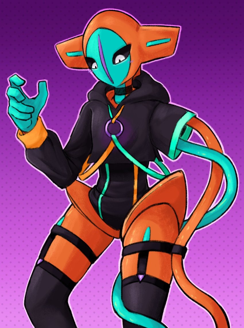 1other alien aqua_skin blush bodysuit clothed_pokemon colored_skin cropped_hoodie deoxys deoxys_(normal) dotted_background garter_straps gen_3_pokemon gradient_background highres hood hoodie looking_down mythical_pokemon nintendo no_humans orange_skin pokemon pokemon_(creature) purple_background slys_(jesterdysphoria) tentacles thighhighs