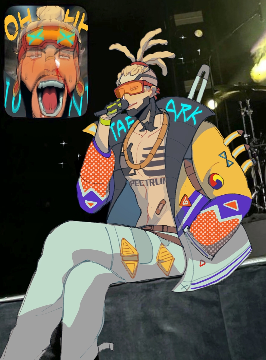 2boys absurdres animification apex_legends bandaid_on_stomach bare_pectorals belt blonde_hair blood brown_belt chain collarbone cornrows crossed_legs crypto_(apex_legends) facial_hair fan_screaming_at_madison_beer_(meme) gao_(lesegeng) goatee goggles goggles_on_head gold_chain hand_in_pocket highres hype_beast_crypto lit_witt_mirage looking_at_viewer male_focus meme mirage_(apex_legends) motion_blur multiple_boys navel nosebleed official_alternate_costume open_mouth orange-tinted_eyewear pants pectorals sitting smile sunglasses tinted_eyewear v-shaped_eyebrows white_pants yaoi