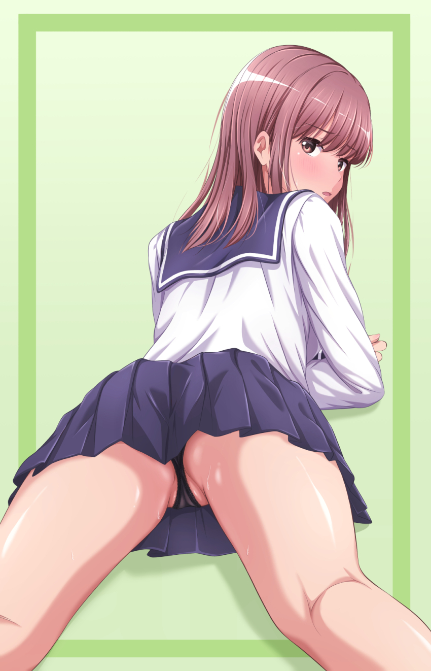 1girl akippoi_0919 black_panties blue_sailor_collar blue_skirt border brown_eyes brown_hair commentary_request from_behind green_background green_border highres long_hair long_sleeves looking_at_viewer looking_back lying miniskirt on_stomach original outside_border panties pantyshot parted_lips partially_visible_vulva pleated_skirt sailor_collar school_uniform serafuku shirt sidelocks simple_background skirt solo spread_legs straight_hair sweat thighs turning_head underwear variant_set white_shirt