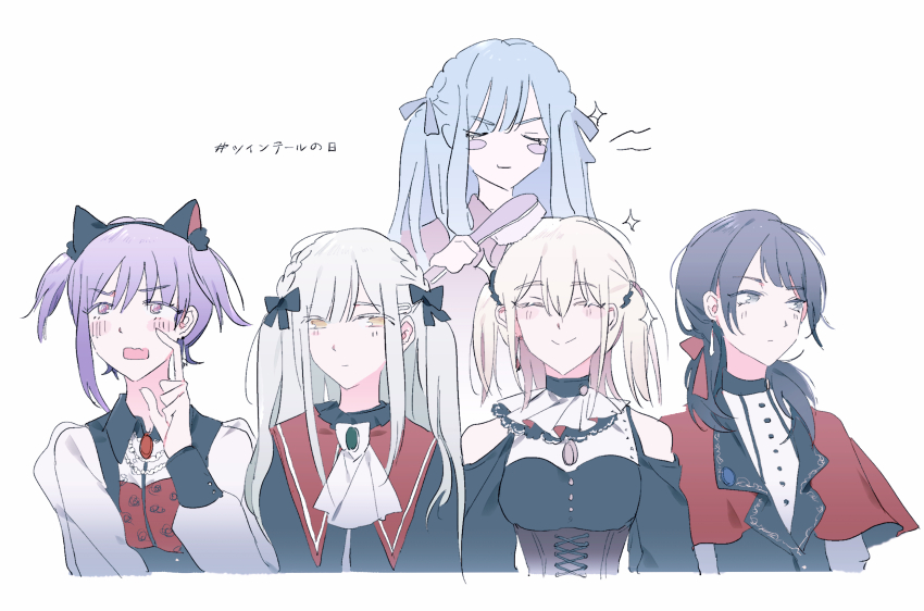 5girls alternate_hairstyle amoris_(bang_dream!) animal_ears ascot ave_mujica_(bang_dream!) bang_dream! bang_dream!_it&#039;s_mygo!!!!! black_dress black_hair black_ribbon blue_hair blush braid brown_corset brushing_another&#039;s_hair brushing_hair capelet cat_ears closed_eyes closed_mouth clothing_cutout commentary corset doloris_(bang_dream!) dress earrings fake_animal_ears hair_between_eyes hair_ornament hair_ribbon hairclip highres jewelry long_sleeves misumi_uika mortis_(bang_dream!) multiple_girls open_mouth pink_eyes purple_hair red_capelet reiboubyou ribbon short_hair shoulder_cutout sidelocks simple_background timoris_(bang_dream!) togawa_sakiko two_side_up wakaba_mutsumi white_ascot white_background yahata_umiri yellow_eyes yuutenji_nyamu