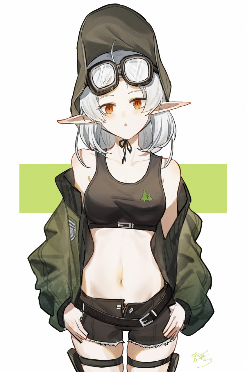 1girl :o absurdres alternate_costume bare_shoulders black_shorts black_tank_top blush breasts brown_hat commentary_request cowboy_shot crop_top dated forehead goggles goggles_on_head green_background green_jacket hat head_tilt highres jacket large_hat lineart medium_breasts medium_hair mushoku_tensei navel off_shoulder open_clothes open_jacket open_mouth parted_bangs pointy_ears pouch red_eyes revision second-party_source short_shorts shorts shoulder_blush simple_background skindentation solo stomach straight-on sylphiette_(mushoku_tensei) tank_top thigh_pouch thigh_strap thumb_in_pocket two-tone_background underbust white_background white_hair yisjhui
