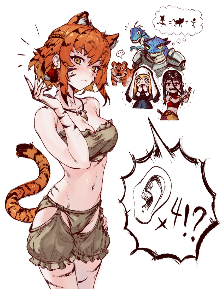 !? ... 1boy 3girls animal animal_ears animal_print armor black_eyes black_hair blonde_hair blush breasts chibi commentary earrings english_commentary gemi_ningen green_eyes highres jewelry long_hair medium_breasts midriff multiple_girls navel nun orange_eyes orange_hair original pathfinder reptile_boy short_hair simple_background stomach sweatdrop tail tiger tiger_ears tiger_girl tiger_print tiger_tail white_background