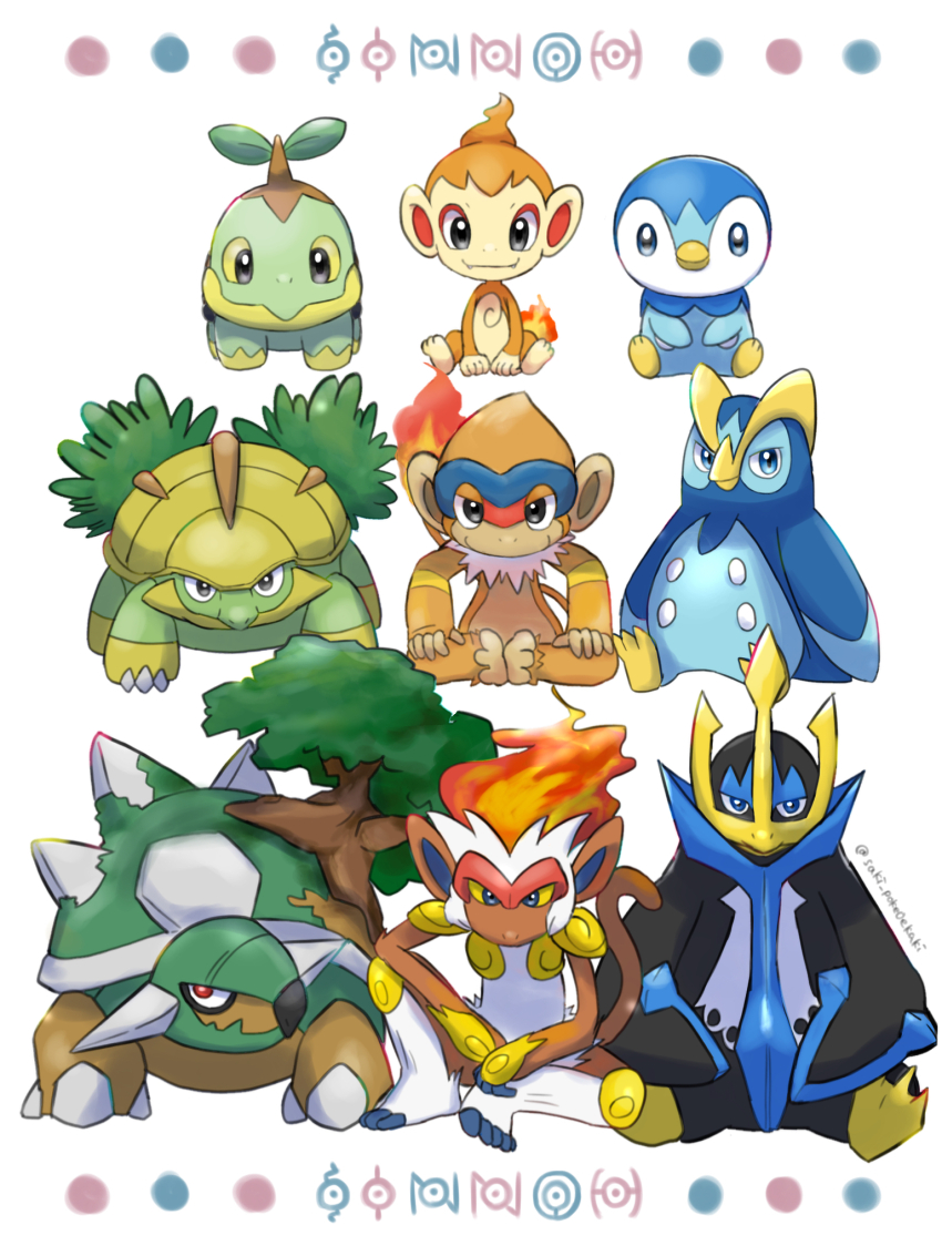 artist_name chimchar empoleon evolutionary_line gen_2_pokemon gen_4_pokemon grotle highres infernape looking_at_viewer monferno nintendo no_humans piplup pokemon pokemon_(creature) prinplup simple_background sitting starter_pokemon_trio torterra turtwig unown unownglyphics user_wuxd3433 watermark