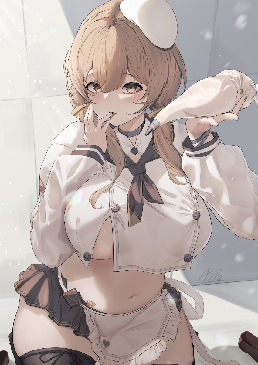 1girl absurdres annasui_factory apron artist_name bag beret black_neckerchief black_thighhighs bready_(nikke) breasts brown_eyes brown_hair brown_ribbon candy candy_wrapper choker commentary cowboy_shot crop_top crop_top_overhang cropped_shirt curvy double-parted_bangs english_commentary english_text food goddess_of_victory:_nikke grey_choker grey_nails grey_skirt hair_over_shoulder hair_ribbon hands_up hat highres holding holding_bag large_breasts licking licking_finger light_blush long_bangs long_hair long_sleeves looking_at_viewer low_twintails microskirt nail_polish navel neckerchief no_bra partially_unbuttoned pastry_bag pleated_skirt plump ribbon saliva saliva_trail shirt signature skirt solo stomach thick_thighs thighhighs thighs tongue tongue_out twintails variant_set waist_apron white_apron white_hat white_shirt wristband