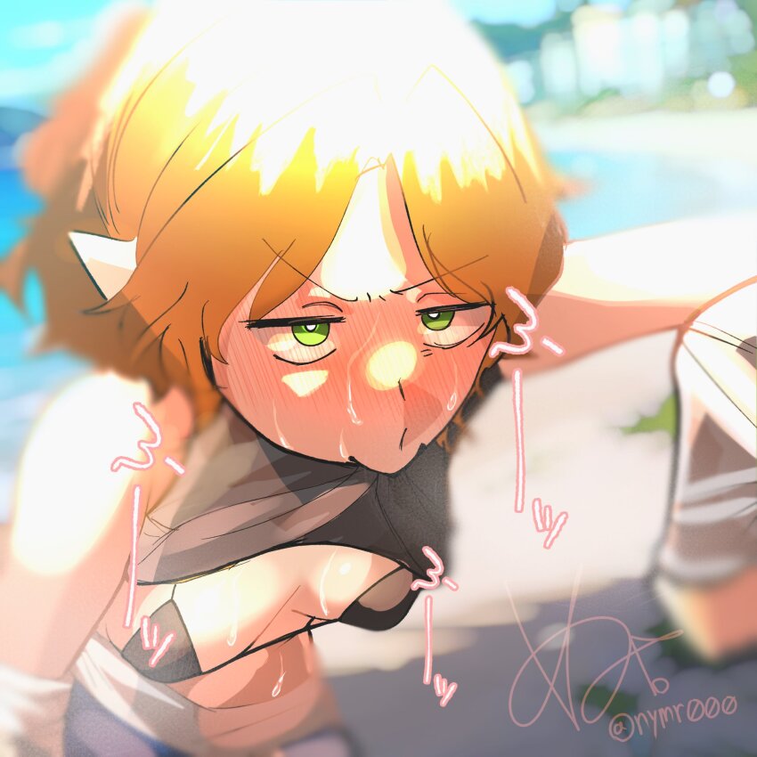 1girl arm_warmers beach black_bra black_shirt blonde_hair blurry blurry_background blush bra breasts closed_mouth commentary_request frown green_eyes highres hot inubota_21 medium_breasts mizuhashi_parsee nose_blush outdoors pointy_ears shirt short_hair signature sleeveless sleeveless_shirt solo sweat touhou underwear upper_body v-shaped_eyebrows