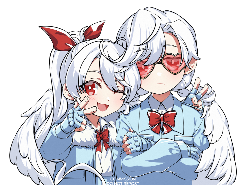 2girls ;d absurdres angel_wings arm_around_shoulder bakaryuu blue_gloves blue_jacket bow bowtie braid bright_pupils chiyo_(love-bullet) closed_mouth collared_shirt commentary cropped_torso crossed_arms ena_(love-bullet) english_commentary fingerless_gloves frown gloves hair_ribbon heart heart-shaped_eyewear high_ponytail highres jacket looking_at_viewer love-bullet multiple_girls one_eye_closed open_mouth ponytail red-tinted_eyewear red_bow red_bowtie red_eyes red_ribbon ribbon shirt simple_background smile tinted_eyewear twin_braids v w white_background white_pupils white_wings wings