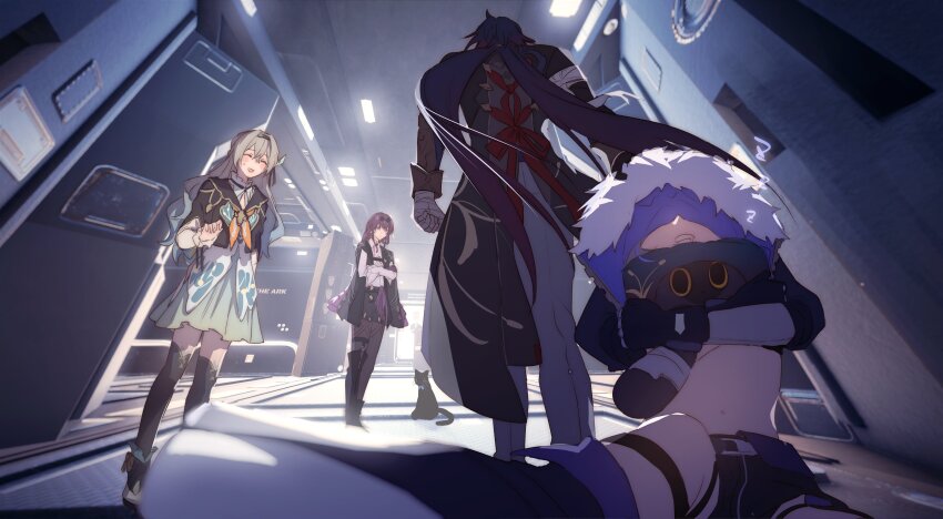 1boy 3girls absurdres animal animal_ears aqua_dress back bandaged_hand bandages bandages_over_clothes belt black_belt black_boots black_cat black_choker black_coat black_gloves black_hairband black_jacket black_ribbon black_shorts black_thighhighs blade_(honkai:_star_rail) blade_(sesame_cake)_(honkai:_star_rail) blue_bow blue_hair blush boots bow cat cat_ears cat_tail chinese_clothes choker clenched_hand closed_eyes closed_mouth coat collared_shirt covered_eyes critter_pick_(honkai:_star_rail) crossed_arms dress drooling earrings eyewear_on_head firefly_(honkai:_star_rail) full_body fur-trimmed_jacket fur_trim gloves gradient_hair grey_hair grey_pants hair_between_eyes hair_ornament hairband hand_up high-waist_shorts high_ponytail highres honkai:_star_rail honkai_(series) hood hooded_jacket hug indoors jacket jewelry kafka_(honkai:_star_rail) leaf_hair_ornament long_hair long_sleeves looking_at_another low_twintails midriff multicolored_hair multiple_girls navel neckerchief open_clothes open_jacket open_mouth orange_neckerchief pants pantyhose pearl_earrings ponytail puffy_long_sleeves puffy_sleeves purple_eyes purple_gloves purple_hair purple_jacket purple_pantyhose ribbon round_eyewear sailor_collar shadow shirt shoes short_shorts shorts sidelocks silver_wolf_(honkai:_star_rail) single_earring sitting sleeping smile spider_web_print standing stellaron_hunters_(honkai:_star_rail) sunglasses sweatdrop tail teeth thigh_strap thighhighs twintails two-sided_fabric two-sided_jacket two-tone_dress walking wavy_hair white_dress white_shirt white_shoes yellow_eyes zassyoku_dd
