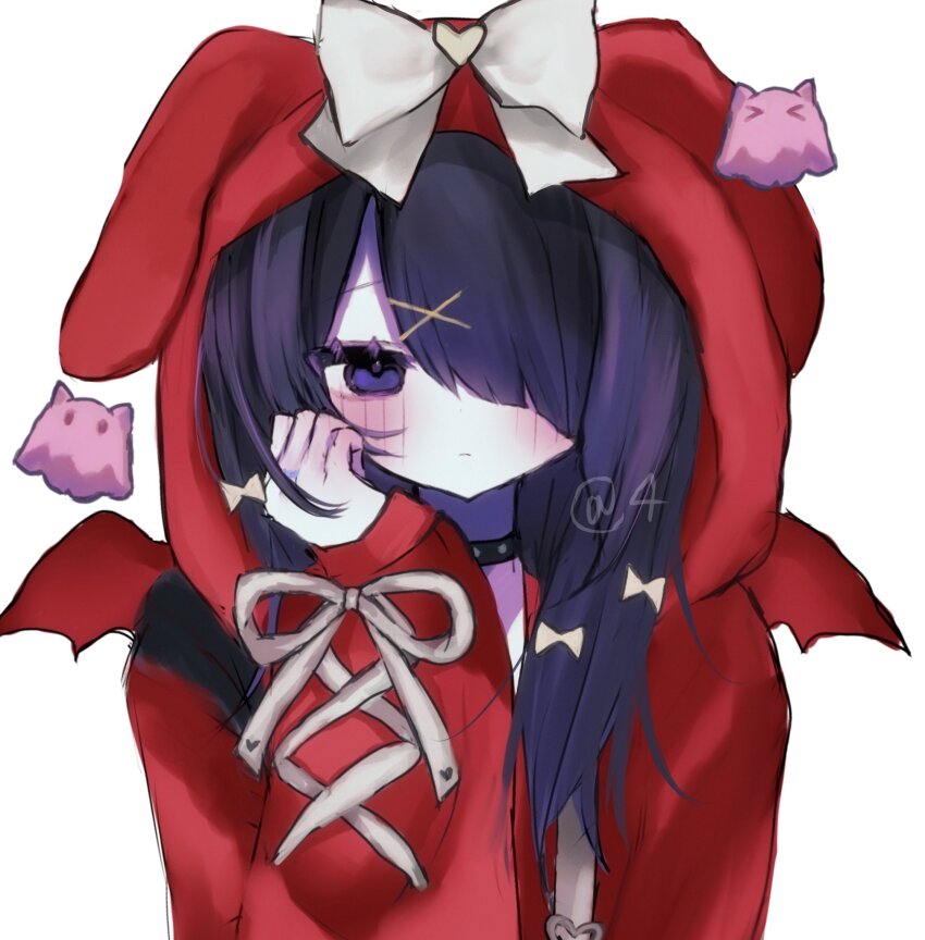 1girl 4_(nn_1_zo) ame-chan_(needy_girl_overdose) animal_hood black_choker black_eyes black_hair blush bow choker doodle_inset ghost hair_bow hair_ornament hair_over_one_eye hand_on_own_face highres hood hoodie lace-up_sleeves long_hair multiple_hair_bows needy_girl_overdose rabbit_hood red_hoodie solo upper_body white_background wings x_hair_ornament