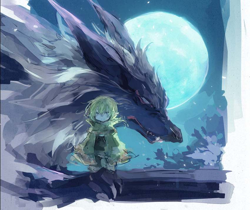 animal fenrir fenrir_(final_fantasy) final_fantasy final_fantasy_xi fujiwara_akina full_moon green_hair karaha-baruha male_focus moon pointy_ears purple_eyes tarutaru