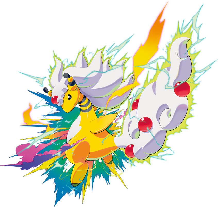 ampharos aura electricity forehead_jewel full_body gen_2_pokemon long_hair mega_ampharos mega_pokemon nintendo official_art pokemon pokemon_(creature) simple_background solo transparent_background white_fur white_hair yellow_fur