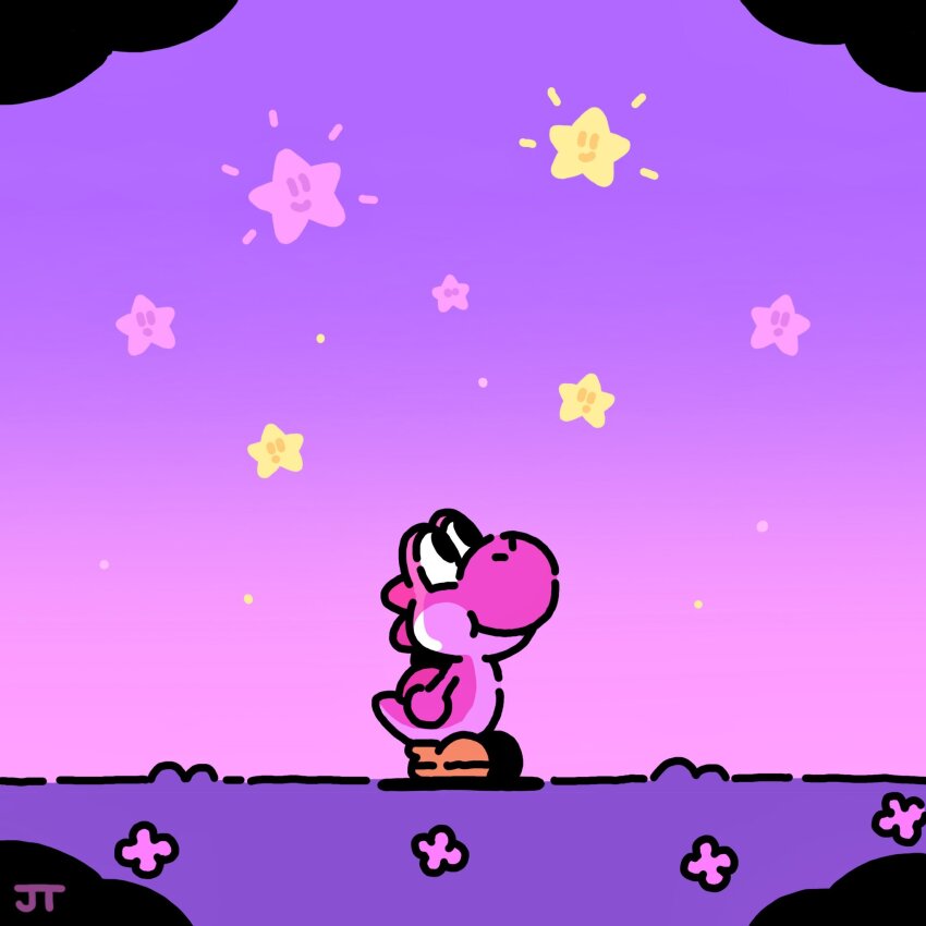 highres james_turner mario_(series) nintendo no_humans pink_yoshi purple_sky shoes sky star_(sky) yellow_shoes yoshi