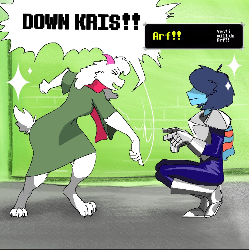 ! !! 1boy 1other animal_ears barking blue_skin colored_skin deltarune down_boy!!_(meme) english_text from_side furry furry_male goat_boy goat_ears green-framed_eyewear green_robe highres kris_(deltarune) meme open_mouth paw_pose pink_scarf pointing pointing_down ralsei robe ryoko_arts scarf shouting speech_bubble squatting studded_armlet