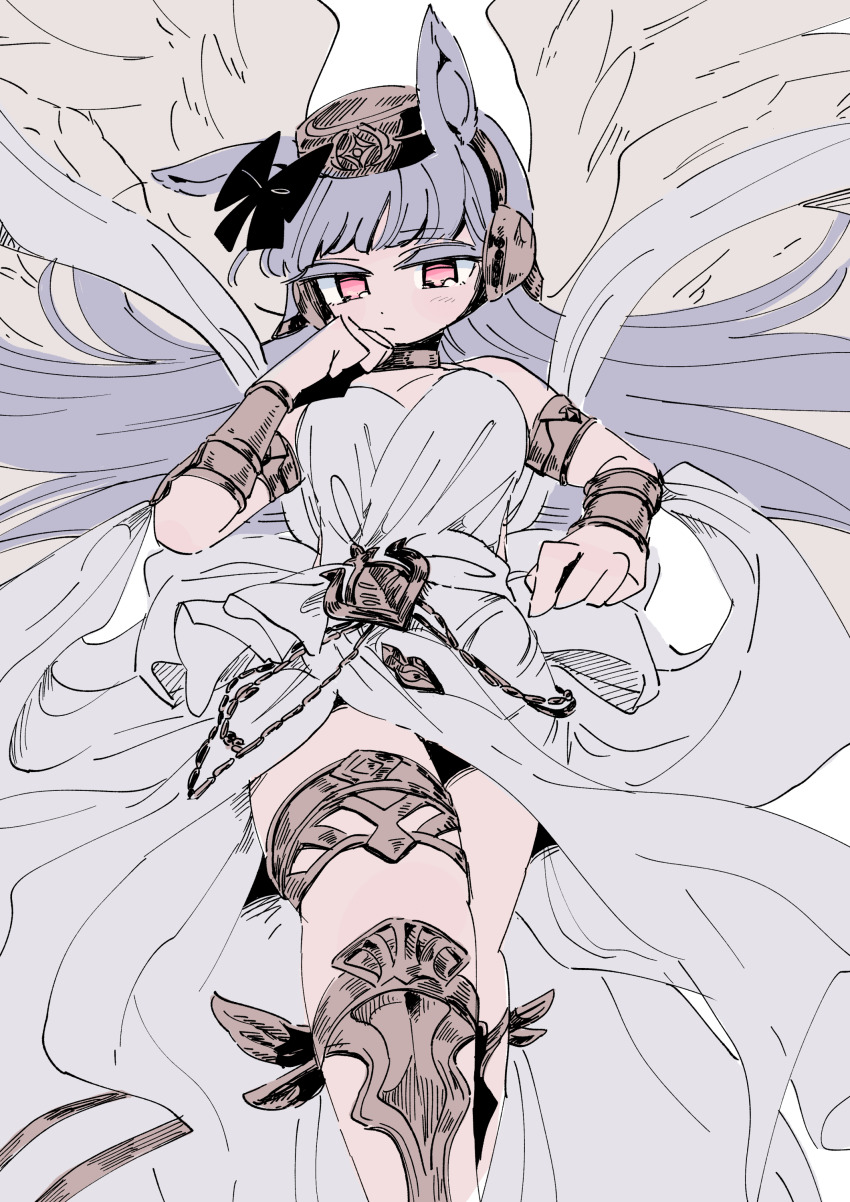 1girl absurdres ancient_greek_clothes animal_ears armlet bow bracer cosplay cowboy_shot ear_bow engawa_(engawagorigori) from_below gold_ship_(umamusume) granblue_fantasy greco-roman_clothes grey_hair headgear helel_ben_sahar_(granblue_fantasy) helel_ben_sahar_(granblue_fantasy)_(cosplay) highres himation horse_ears horse_girl jewelry long_hair looking_down lucio_(granblue_fantasy) official_alternate_costume peplos pillbox_hat pink_eyes shawl solo thighs umamusume