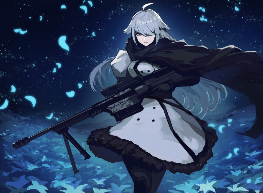 1girl anti-materiel_rifle bipod black_cloak black_gloves blue_eyes cloak closed_mouth coat codename:_bakery_girl commentary cowboy_shot english_commentary epiphyllum falling_petals field flower flower_field fur-trimmed_coat fur_trim gloves grey_hair gun hair_over_one_eye highres holding holding_gun holding_weapon jefuty_(bakery_girl) long_hair looking_at_viewer night night_sky pencil_pusher petals reverse_collapse_(series) rifle scope sky sniper_rifle solo trigger_discipline weapon white_coat