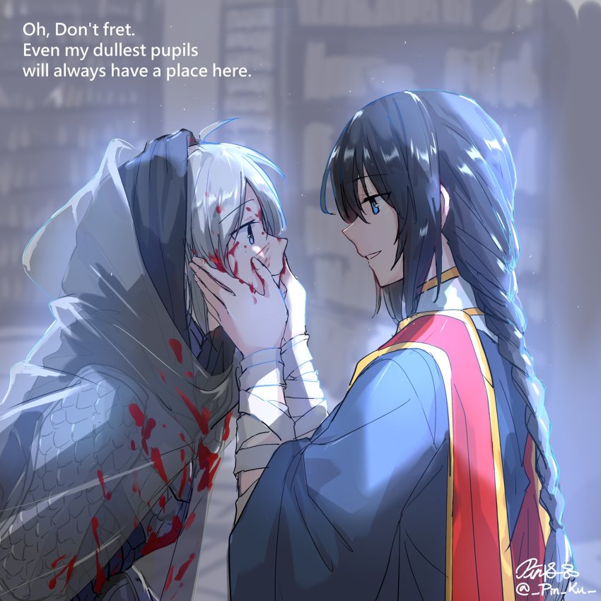 1boy 1girl ahoge bandaged_arm bandages black_hair black_knife_(elden_ring) blood blood_on_clothes blood_on_face blue_eyes blue_robe braid elden_ring english_text grey_hair hand_on_own_chin hands_on_another&#039;s_cheeks hands_on_another&#039;s_face highres hood looking_at_another pin.s robe single_braid smile sorceress_sellen stroking_own_chin teacher_and_student