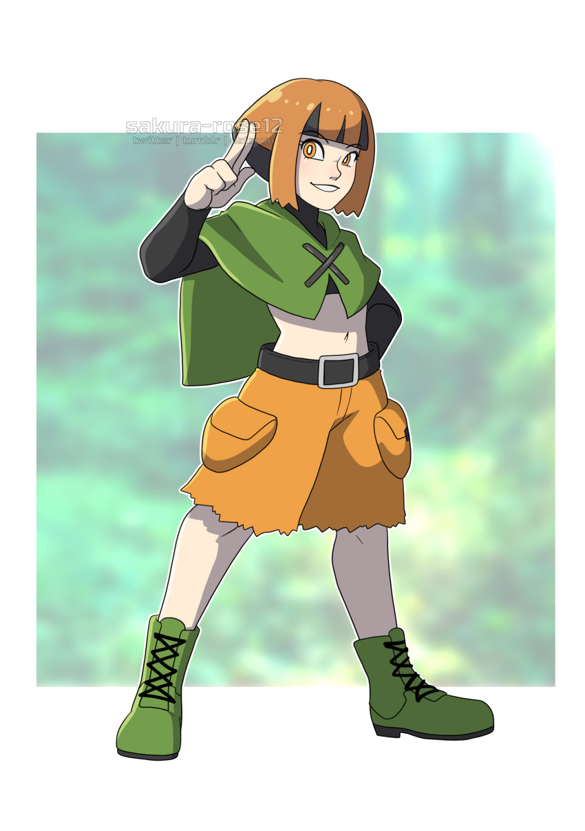 1girl absurdres artist_name belt boots cape commentary english_commentary full_body gardenia_(pokemon) green_cape green_shoes highres lace-up_boots midriff navel nintendo orange_eyes orange_hair pokemon pokemon_dppt sakurarose12 shoes short_hair solo watermark