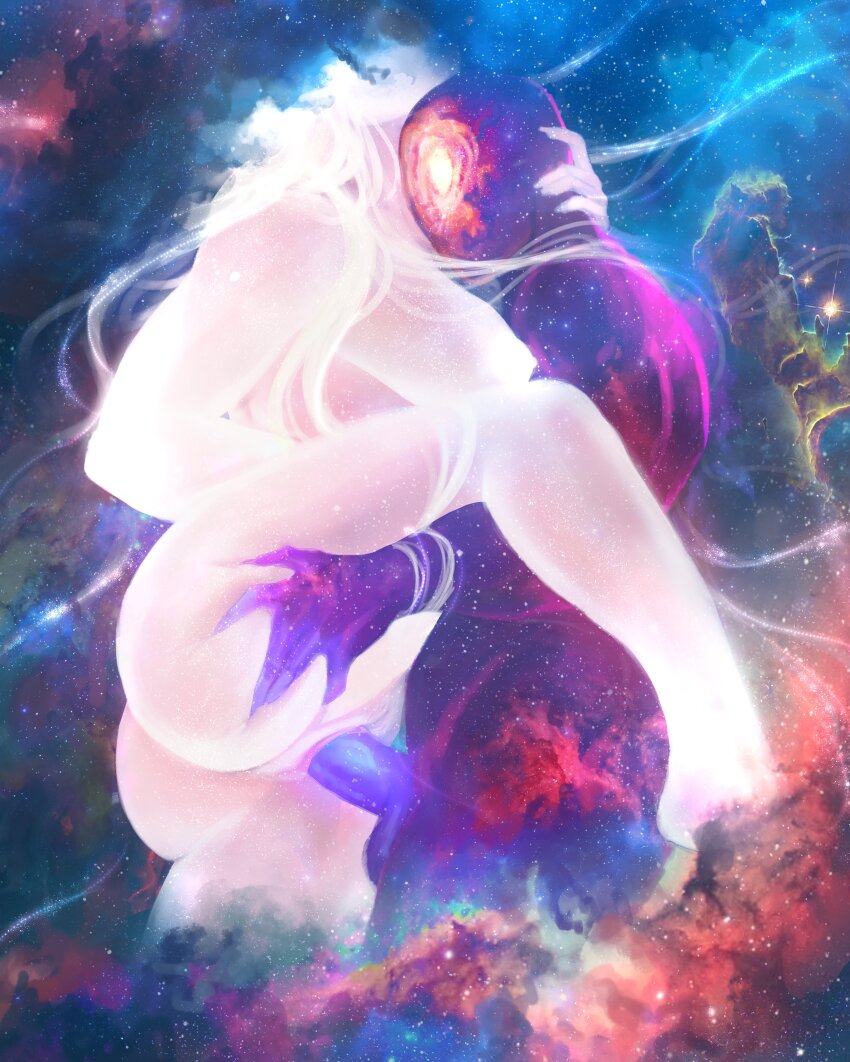 1boy 1girl absurdres arm_around_neck ass breasts caio_santos colored_skin commentary completely_nude cropped_legs deep_skin english_commentary faceless faceless_male galaxy grabbing_another&#039;s_ass groping hetero highres large_breasts leg_lift leg_up long_hair nipples nude original penis personification pussy sagging_breasts sex sideboob space straddling testicles uncensored upright_straddle vaginal white_hair white_skin