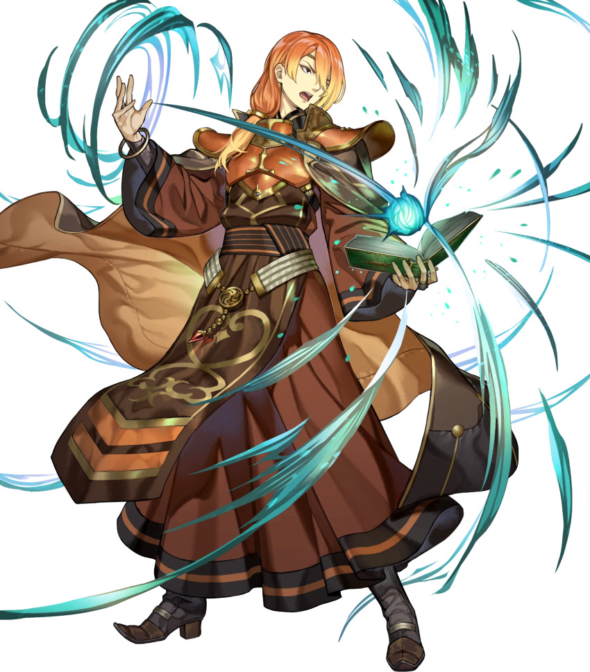 1boy armor book bracelet breastplate brown_eyes cape casting_spell circlet fire_emblem fire_emblem_echoes:_shadows_of_valentia fire_emblem_heroes full_body gradient_hair highres holding holding_book jewelry long_hair low-tied_long_hair luthier_(fire_emblem) maco_(wondermind) magic male_focus multicolored_hair nintendo non-web_source official_art open_book open_mouth orange_hair pointy_footwear solo transparent_background