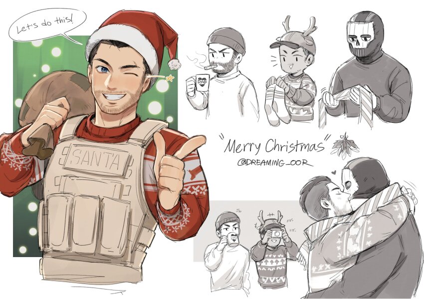 4boys baseball_cap beard blue_eyes bulletproof_vest call_of_duty call_of_duty:_modern_warfare_2 camera captain_price cigar closed_eyes couple cup dreaming_oor drinking english_text facial_hair gaz_(call_of_duty_4) ghost_(modern_warfare_2) hat highres holding holding_camera holding_cup holding_sack holding_unworn_clothes holding_unworn_scarf kiss male_focus mask merry_christmas multiple_boys one_eye_closed partially_colored red_sweater sack santa_hat scarf shirt short_hair skull_mask smile soap_(modern_warfare_2) socks sweater taking_picture teeth twitter_username unworn_scarf yaoi