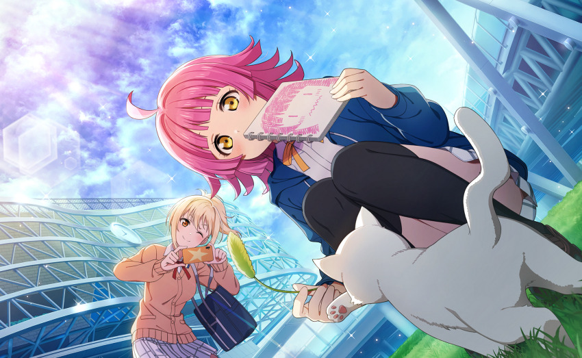 2girls ;) ahoge analog_clock animal_ears bag black_thighhighs blonde_hair blue_hoodie blue_sky blunt_bangs blunt_ends blush bow bowtie brown_footwear building cardigan cat cat_ears cat_tail cat_teaser cellphone clock closed_mouth cloud collared_shirt day dutch_angle grass gyaru hand_up hanpen_(love_live!) highres holding holding_sketchbook hood hoodie jacket kishimen_hair lens_flare light_rays loafers long_sleeves love_live! love_live!_nijigasaki_high_school_idol_club love_live!_school_idol_festival_2 medium_hair miyashita_ai multiple_girls neck_ribbon nijigasaki_school_uniform official_art one_eye_closed orange_cardigan orange_eyes outdoors pawpads phone pink_hair plaid_clothes plaid_skirt pleated_skirt ponytail red_ribbon ribbon rina-chan_board school_bag school_uniform shade shirt shoes short_hair short_ponytail shoulder_bag sidelocks sketchbook skirt sky smartphone smile squatting sunbeam sunlight tail taking_picture tennoji_rina thighhighs white_cat white_shirt winter_uniform yellow_bow yellow_bowtie yellow_eyes