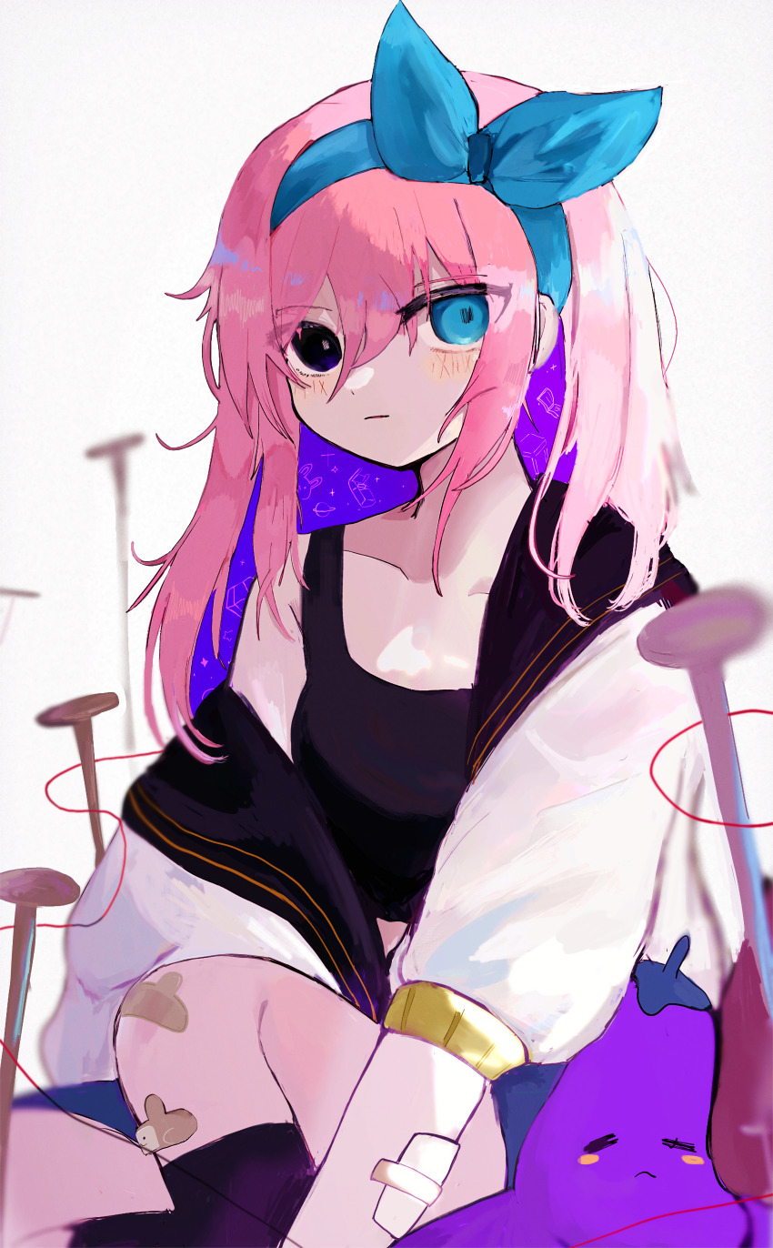 1girl :| absurdres aubrey_(faraway)_(omori) aubrey_(omori) bandaid bandaid_on_knee bandaid_on_leg black_eyes black_sailor_collar black_socks black_tank_top blue_eyes blue_hairband blurry bow_hairband breasts bright_pupils closed_mouth collarbone colored_inner_hair commentary_request depth_of_field double-parted_bangs expressionless eyes_visible_through_hair feet_out_of_frame gauze_on_arm hair_between_eyes hairband heterochromia highres jacket jacket_partially_removed kneehighs knees_up long_hair looking_at_viewer mismatched_pupils mr._plantegg_(omori) multicolored_hair nail_(hardware) omori open_clothes open_jacket pink_hair purple_hair red_ribbon ribbon sailor_collar sasakisushisu9 sidelocks simple_background single_bare_shoulder sitting small_breasts socks solo straight_hair stuffed_eggplant stuffed_toy tank_top three-quarter_sleeves two-tone_hair white_background white_jacket white_pupils