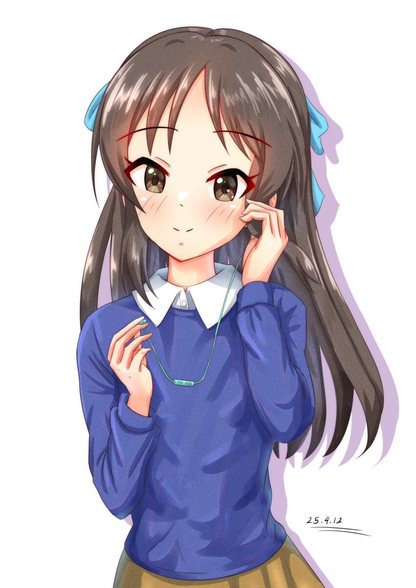 1girl blue_shirt blush brown_hair child closed_mouth cobbedcorn dot_nose highres idolmaster idolmaster_cinderella_girls long_hair looking_at_viewer shirt skirt tachibana_arisu white_background