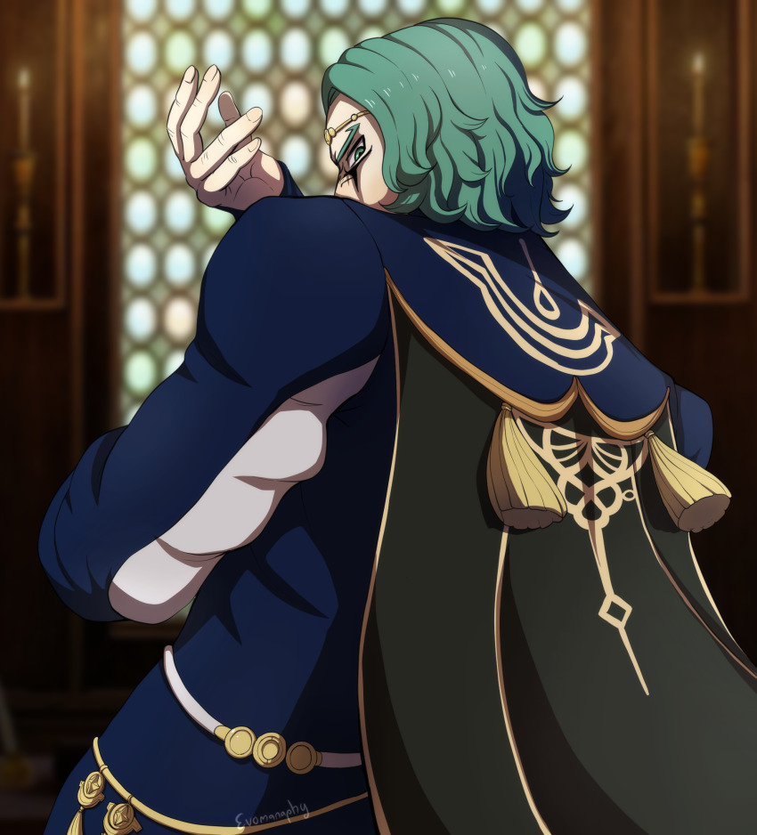 1boy @storm5958 artist_name black_cape candle cape dio_brando dio_brando&#039;s_pose_(jojo) evomanaphy fire_emblem fire_emblem:_three_houses garreg_mach_monastery_uniform green_eyes green_hair hand_up hands_up highres indoors jake_brito jojo_no_kimyou_na_bouken jojo_pose jojo_reference koyasu_takehito looking_back male_focus nintendo seteth_(fire_emblem) standing tassel voice_actor_connection window