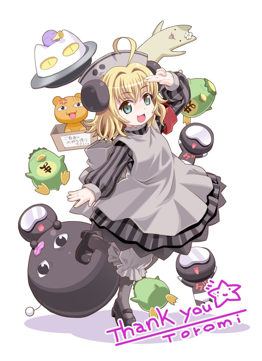 1girl :d ahoge animal_ears apron arm_up armband artist_name black_dress black_footwear black_pantyhose blonde_hair bloomers blue_eyes commentary_request commission crossed_bangs di_gi_charat dress full_body grey_apron grey_bloomers grey_dress grey_hat hair_between_eyes hair_intakes hand_on_own_head hat henna_ikimono highres hokke_mirin looking_at_viewer majin_gappa mary_janes medium_hair nazo_gema nurse_cap open_mouth panda_ears pantyhose piyoko red_armband salute shoes simple_background skeb_commission smile standing standing_on_one_leg striped_clothes striped_dress thank_you toromi_(toromix2) translation_request two-finger_salute two-tone_dress underwear white_background