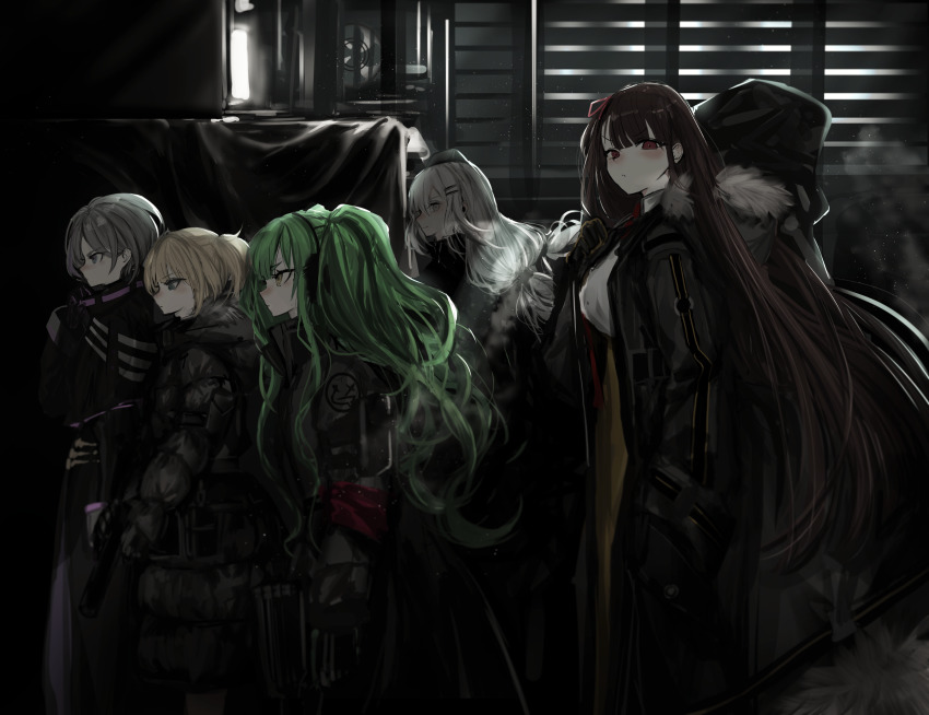 5girls _(girls&#039;_frontline) bad_id bad_pixiv_id bag black_gloves blonde_hair blunt_bangs blush bolt_action breasts calico_m950 calico_m950a coat contender_(girls&#039;_frontline) earmuffs girls&#039;_frontline gloves green_eyes green_hair grey_eyes gun hair_ornament hairclip handgun hat helical_magazine high-capacity_magazine highres holding holding_gun holding_weapon integral_suppressor integrally-suppressed_firearm jacket long_hair looking_at_viewer m950a_(girls&#039;_frontline) manual_firearm multiple_girls narue pistol purple_hair red_eyes short_hair silver_hair smile submachine_gun suppressor svd_(girls&#039;_frontline) twintails wa2000_(girls&#039;_frontline) weapon welrod welrod_mk_ii welrod_mkii_(girls&#039;_frontline) winter_clothes winter_coat yellow_eyes