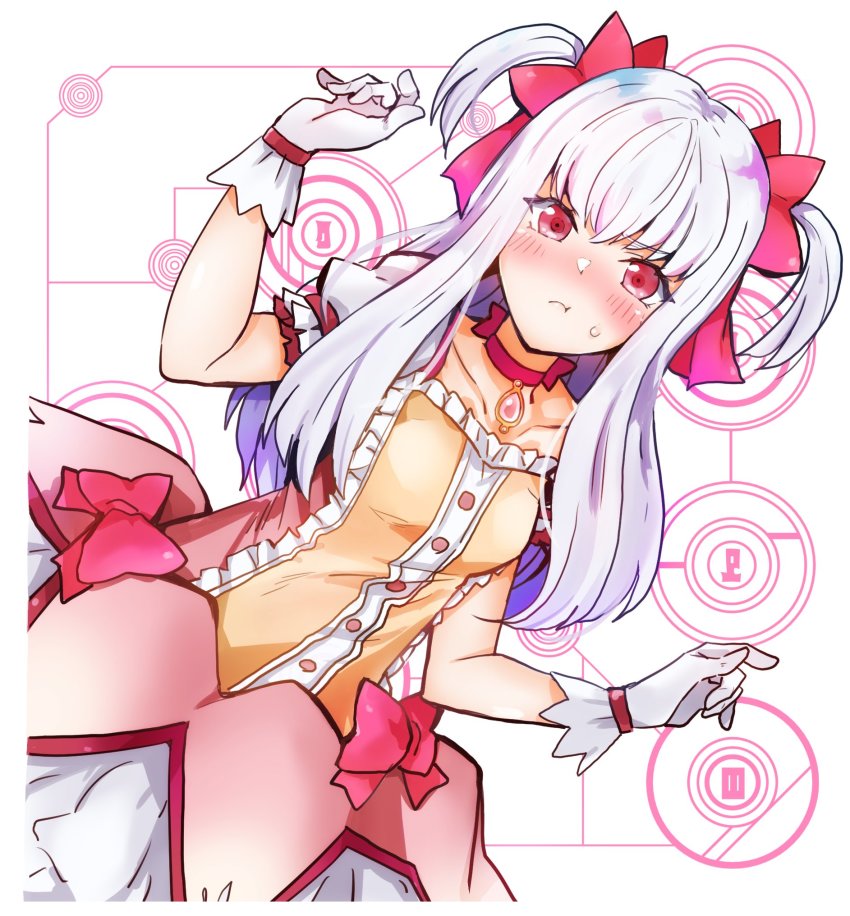 1girl @storm5958 blush bow choker closed_mouth cosplay female_focus fire_emblem fire_emblem:_three_houses gloves hair_ribbon highres jake_brito kaname_madoka kaname_madoka_(cosplay) kaname_madoka_(magical_girl) long_hair lysithea_von_ordelia mahou_shoujo_madoka_magica mahou_shoujo_madoka_magica_(anime) nintendo oroshipon_zu pink_eyes red_bow ribbon short_sleeves solo twintails upper_body voice_actor_connection white_gloves white_hair yuuki_aoi