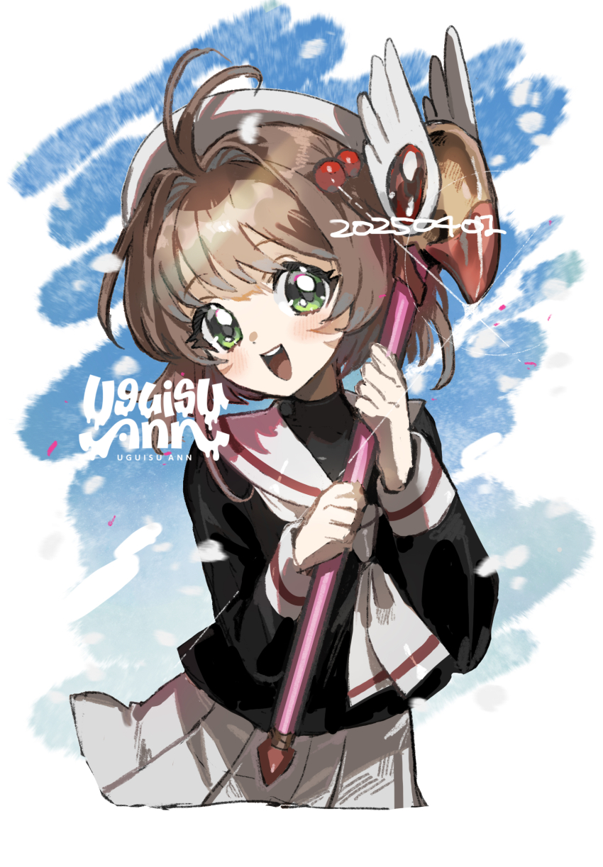 1girl antenna_hair artist_name beret black_shirt brown_hair cardcaptor_sakura dated fuuin_no_tsue green_eyes hair_bobbles hair_intakes hair_ornament hat highres holding holding_wand kinomoto_sakura looking_at_viewer necktie open_mouth sailor_collar school_uniform shirt short_hair skirt smile solo teeth tomoeda_elementary_school_uniform uguisu_ann upper_teeth_only wand white_hat white_necktie white_sailor_collar white_skirt