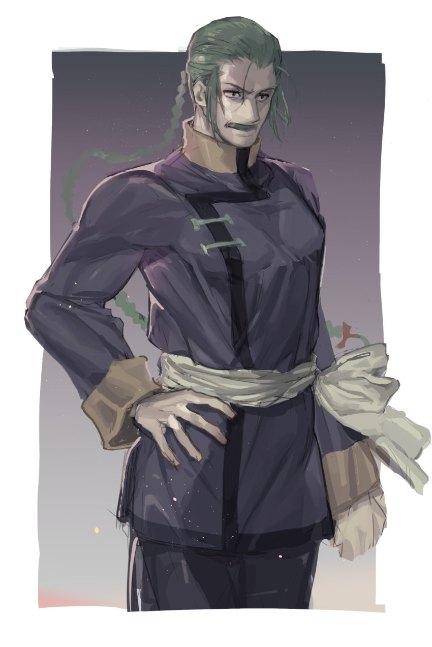 1boy braid commentary_request dougi facial_hair g_gundam grey_hair gundam hand_on_own_hip highres jacket long_hair male_focus master_asia mustache old old_man aged_up pants sash shirt smile standing tanakalma