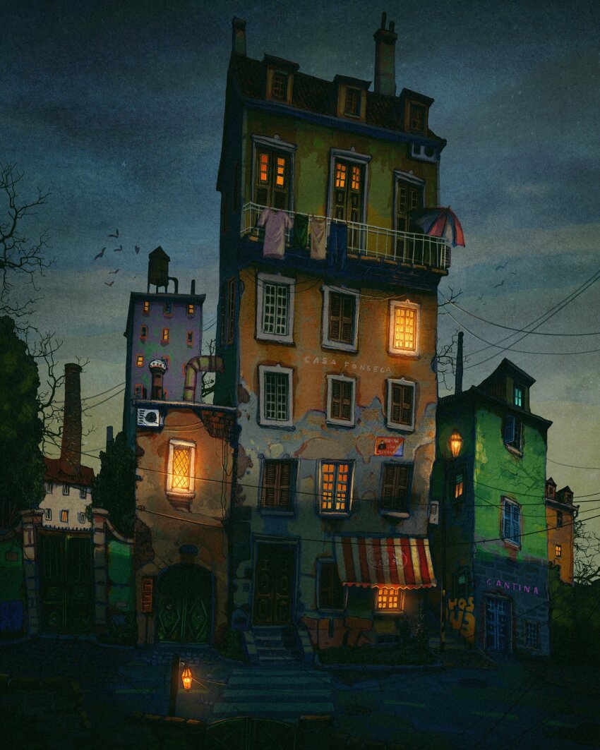 awning balcony building dormer francisco_fonseca highres house night night_sky no_humans original pants shirt sky stairs suburb umbrella vent_(object) water_tower window window_light