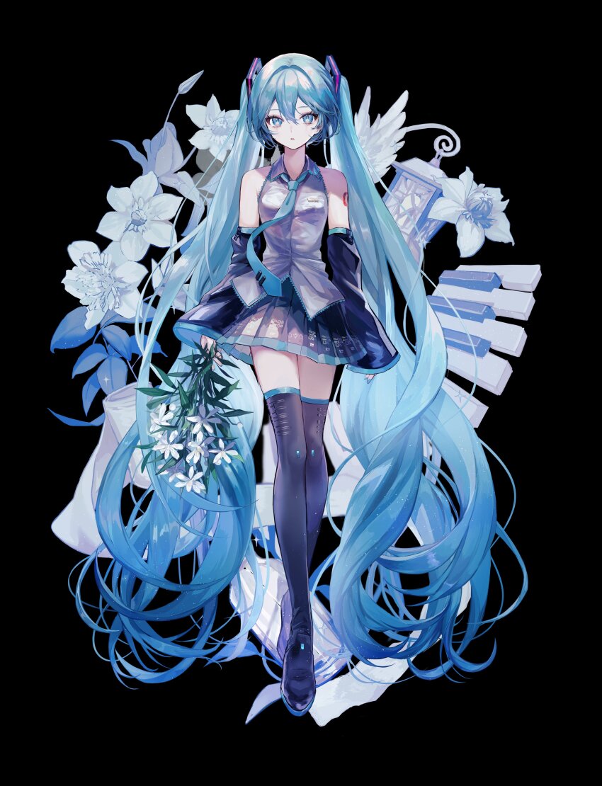 1girl absurdres aqua_eyes aqua_hair aqua_necktie aqua_trim arm_tattoo black_background black_skirt blush breasts collared_shirt commentary_request detached_sleeves flower full_body grey_shirt hair_between_eyes hair_ornament hatsune_miku highres holding holding_flower long_hair long_sleeves looking_at_viewer medium_breasts miniskirt necktie number_tattoo open_mouth pipi_(pipinavigation) pleated_skirt shirt simple_background skirt sleeveless sleeveless_shirt solo tattoo thighhighs twintails very_long_hair vocaloid white_flower wide_sleeves zettai_ryouiki