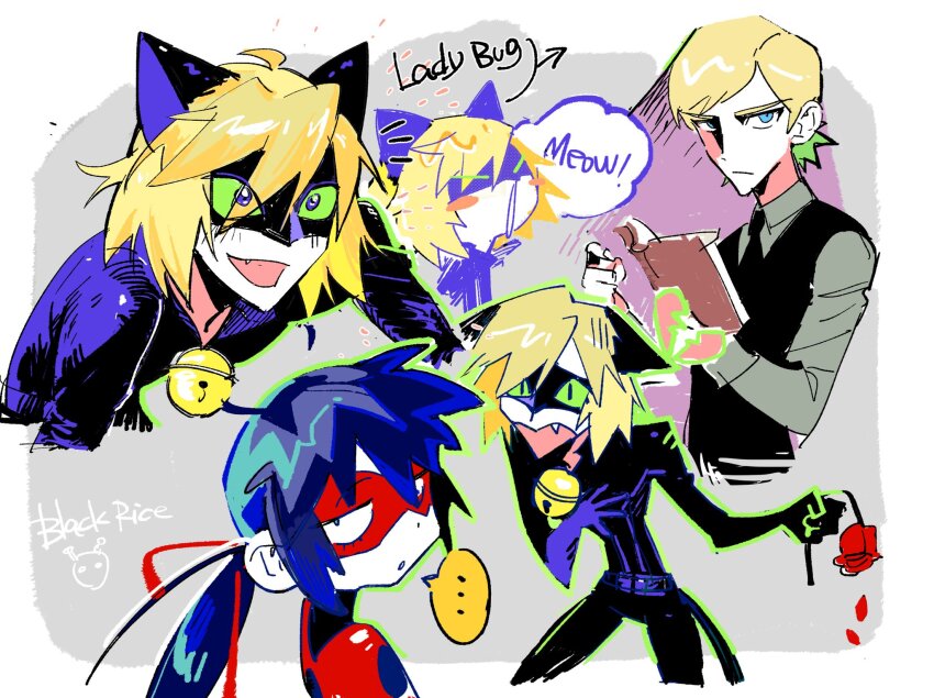... 1boy 1girl ahoge annoyed artist_name belt black_bodysuit blonde_hair blue_eyes blue_hair blush_stickers bodysuit book chat_noir colored_sclera domino_mask eyelashes falling_petals fang felix_(miraculous_ladybug) flower green_sclera highres holding holding_book ladybug_(character) long_hair long_sleeves looking_at_another marinette_dupain-cheng mask milifeimili miraculous_ladybug parted_bangs petals polka_dot polka_dot_bodysuit prototype_design red_flower red_mask red_rose rose rose_petals smile spoken_ellipsis vest waistcoat
