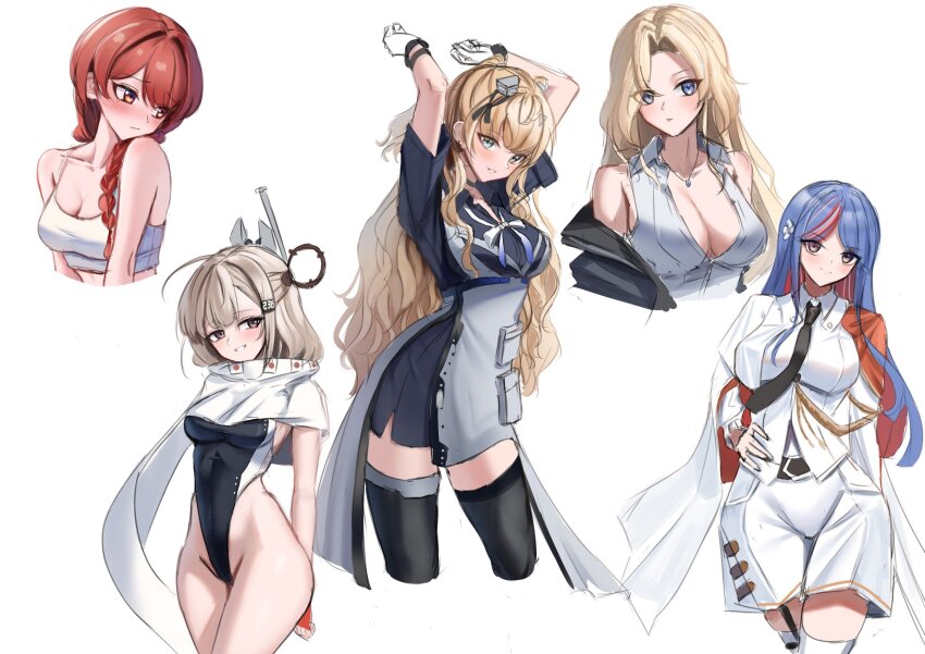5girls aiguillette apron arms_behind_back arms_up belt black_belt black_necktie black_one-piece_swimsuit blonde_hair blue_dress blue_eyes blue_hair blush braid breasts cape cleavage cowboy_shot dimos_(dawn_1945) dress dress_shirt grey_apron grey_eyes grey_overskirt hair_between_eyes hair_ornament hair_over_shoulder headgear highleg highleg_one-piece_swimsuit highres hornet_(kancolle) jacket japanese_flag kantai_collection kill_markings large_breasts long_hair long_sleeves looking_at_viewer looking_to_the_side minneapolis_(kancolle) multicolored_hair multiple_girls necktie nevada_(kancolle) official_alternate_costume one-piece_swimsuit partially_unbuttoned pencil_skirt red_eyes red_hair scarf shirt shorts simple_background single_braid skirt sleeveless sleeveless_shirt smile south_dakota_(anniversary)_(kancolle) south_dakota_(kancolle) super_highleg swimsuit tank_top thighhighs two-tone_gloves two-tone_one-piece_swimsuit unbuttoned unbuttoned_shirt upper_body wahoo_(kancolle) wavy_hair white_background white_cape white_jacket white_scarf white_shirt white_shorts white_tank_top white_thighhighs