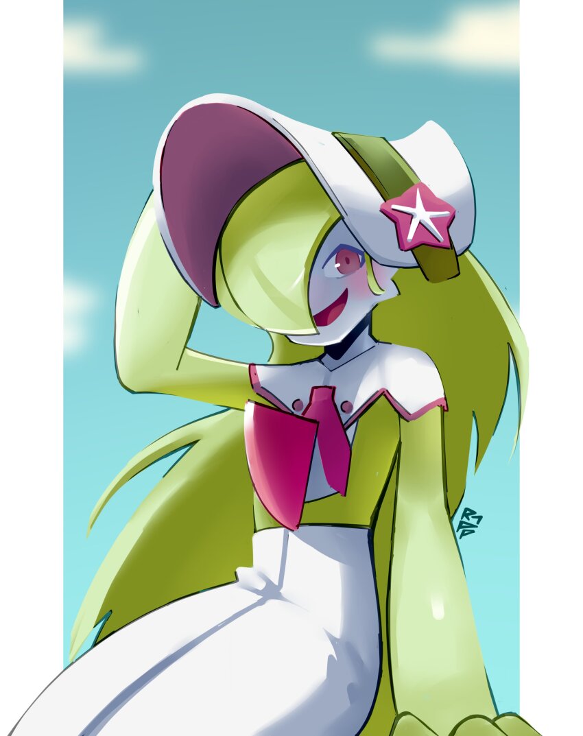 absurdres blue_sky bonnet dress flower gardevoir gardevoir_(fashionable) gen_3_pokemon green_hair hair_over_one_eye hand_on_headwear hat hat_flower highres long_hair looking_at_viewer nintendo pink_eyes pink_flower pokemon pokemon_(creature) pokemon_unite rapp282 signature sitting sky smile white_dress