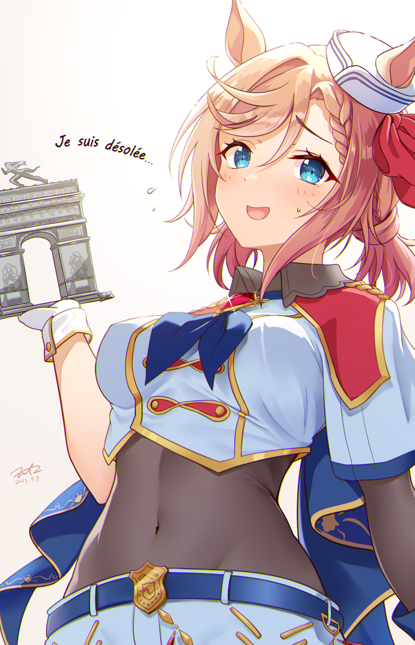 1girl absurdres animal_ears arc_de_triomphe blue_eyes breasts commentary covered_navel french_text fritz614 gloves hair_between_eyes hair_ornament hat highres holding holding_trophy horse_ears horse_girl light_brown_hair medium_breasts midriff open_mouth short_twintails simple_background solo symbol-only_commentary translated trophy twintails umamusume uniform venus_paques_(umamusume) white_background