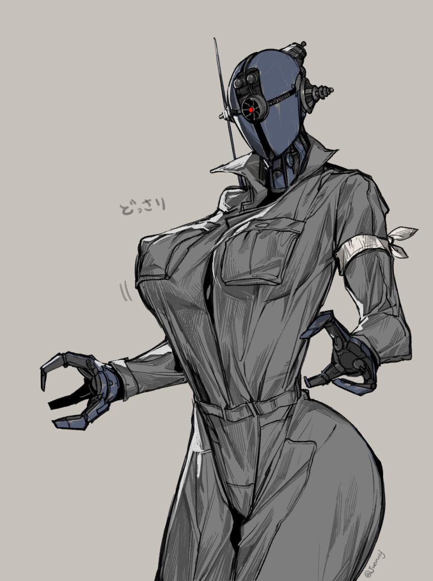 1girl assaultron breasts covered_erect_nipples cowboy_shot cyclops fallout fewer_digits grey_background grey_jumpsuit highres humanoid_robot juerucj jumpsuit large_breasts long_sleeves one-eyed red_eyes robot robot_ears simple_background solo twitter_username