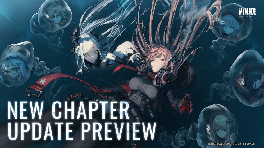 6+girls absolute_(nikke) anis_(nikke) asphyxiation ass belt_pouch black_jacket bottomless breasts brown_hair counters_(nikke) drowning emma_(nikke) english_text eunhwa_(nikke) gloves goddess_of_victory:_nikke green_eyes hat highres jacket large_breasts leviathan_(nikke) long_hair militaria_(nikke) multiple_girls necktie neon_(nikke) official_art pouch rapi_(nikke) red_necktie small_breasts smile two-tone_gloves underwater vesti_(nikke)