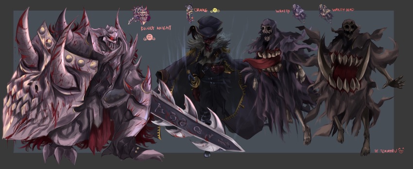 2boys 2others absurdres bicorne bird blood bloody_knight blue_coat blue_hat cape coat colored_skin commentary crow drake_(ragnarok_online) english_commentary extra_mouth full_body fur_collar grey_background hat helm helmet highres holding holding_shield holding_sword holding_weapon monster multiple_boys multiple_others open_mouth pirate pirate_hat ragnarok_online red_cape red_eyes red_skin reference_inset shield skeleton standing sword temmaru undead weapon wraith_(ragnarok_online)
