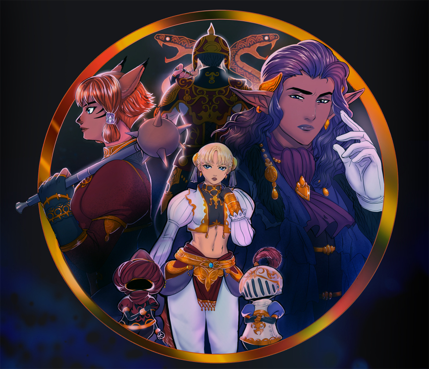 2boys 2girls afumau_(final_fantasy) animal_ears armor ascot black_gloves black_hair black_shirt blonde_hair blue_eyes brother_and_sister cat_ears cat_girl commentary commission cropped_jacket cropped_shirt dark-skinned_male dark_skin earrings elf elvaan english_commentary final_fantasy final_fantasy_xi fingerless_gloves gloves gold_earrings hair_tubes helmet highres holding holding_mace holding_weapon hume jacket jewelry long_sleeves luzaf mace mismatched_earrings mithra_(ff11) mnejing multiple_boys multiple_girls naja_salaheem navel official_art orange_hair ovjang pants peti_(amaipetisu) pointy_ears purple_ascot razfahd_(ff11) red_armor red_helmet shirt short_hair siblings spiked_mace spikes weapon white_gloves white_jacket white_pants